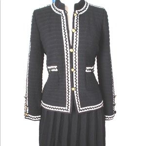 Vintage ADOLFO Black Wool Boucle Jacket+ Pleated Skirt Suit Saks Fifth Ave 36